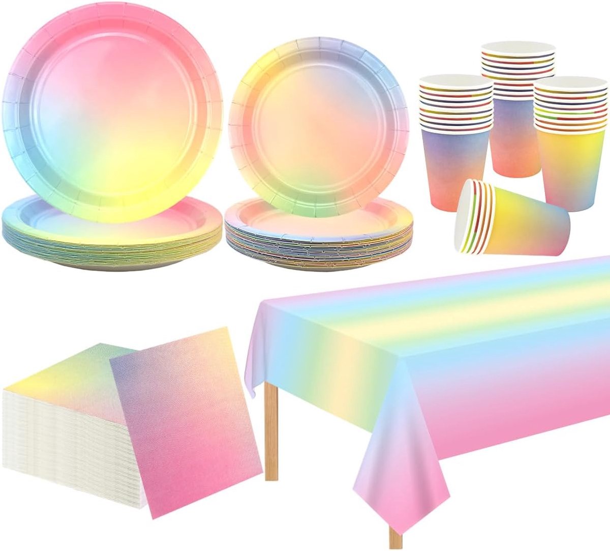 regenboog, pastel, voor 20 gasten, incl. borden, servetten, kopjes, tafelkleed voor meisjes, verjaardag, babyshower, bruiloft, Pasen, pasteldecoratie