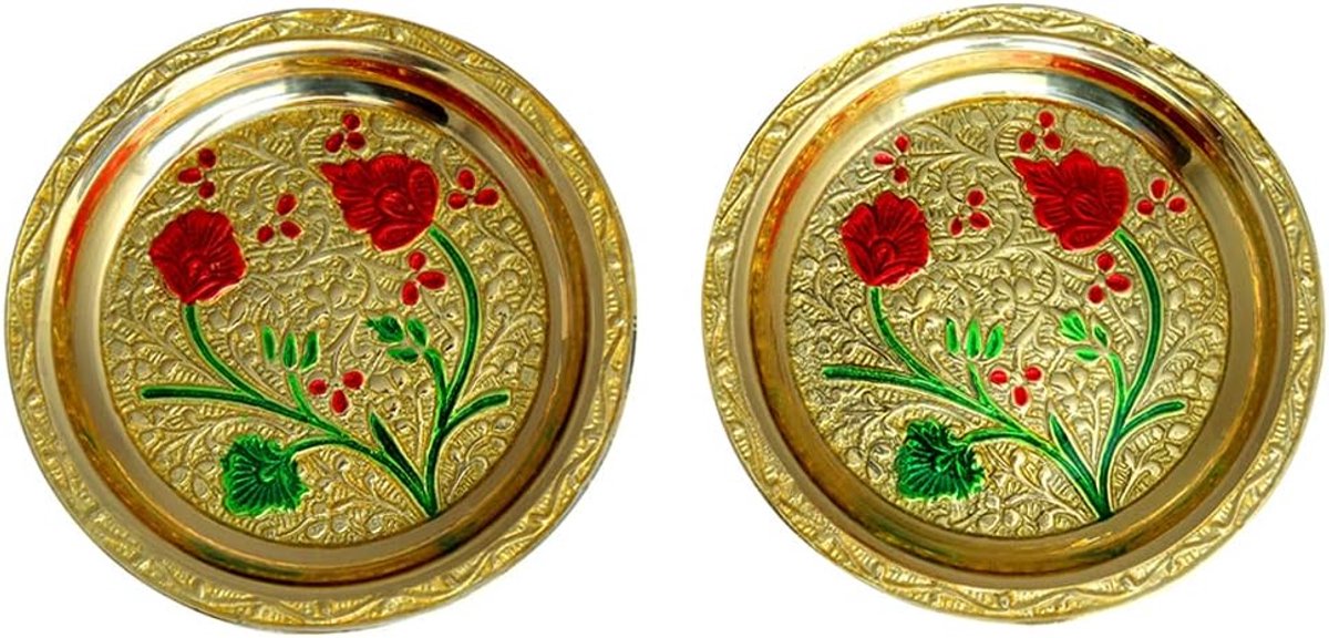 Set of 2 Pooja thali Small Decorative Brass Minakari work Plate, Indian Prasad Plate Katori for Pooja Utensils Item Articles for Indian Traditional Festival New year Decorations(Size:-2.5" Diameter)