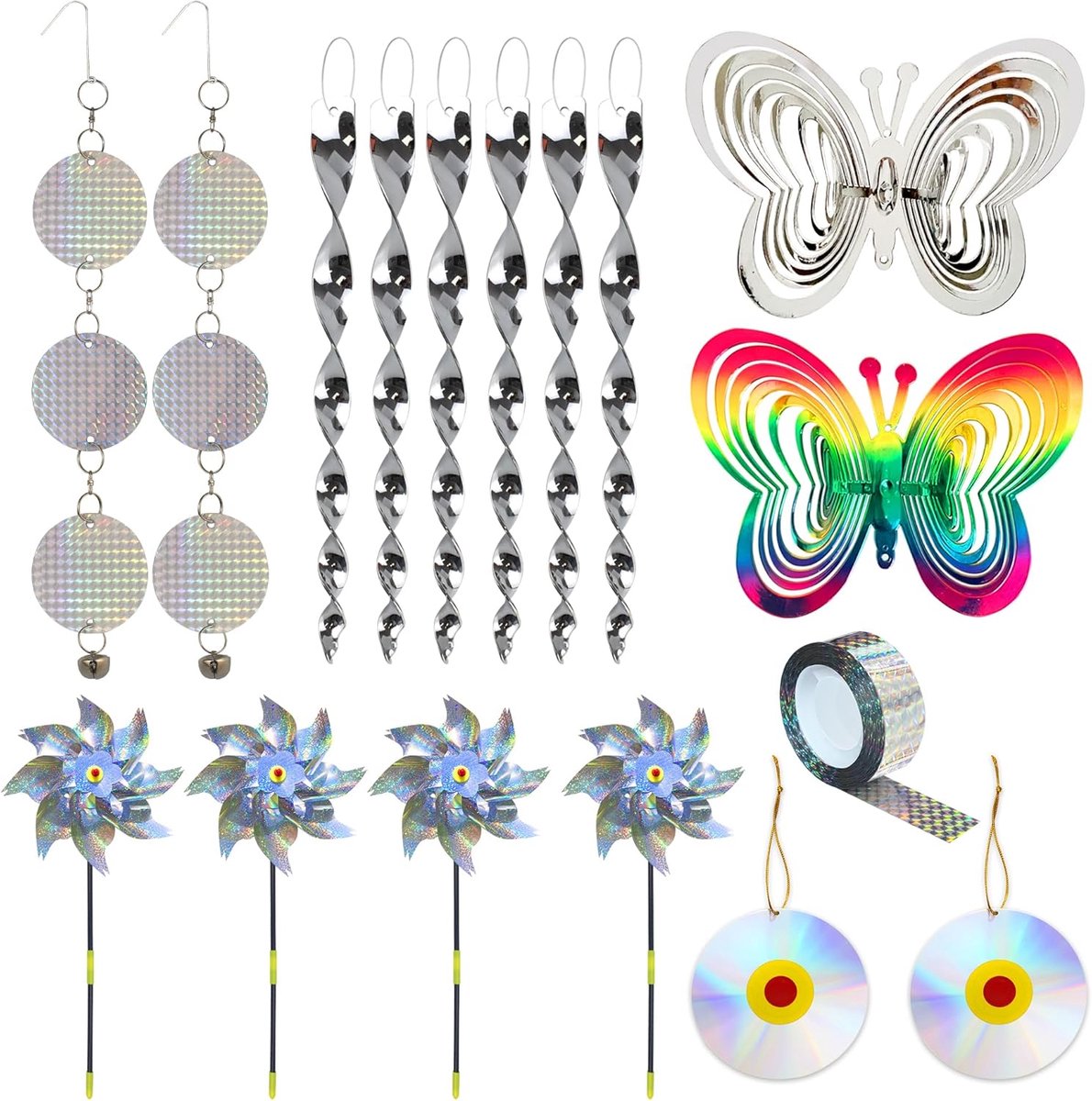 afstotende set - inclusief 2 reflecterende speldwielen, 2 vlinderwindspinners, 6 spiraalapparaten, 1 schriktape en 2 schijven, om duiven, meeuwen, spechten af te weren voor balkons en
