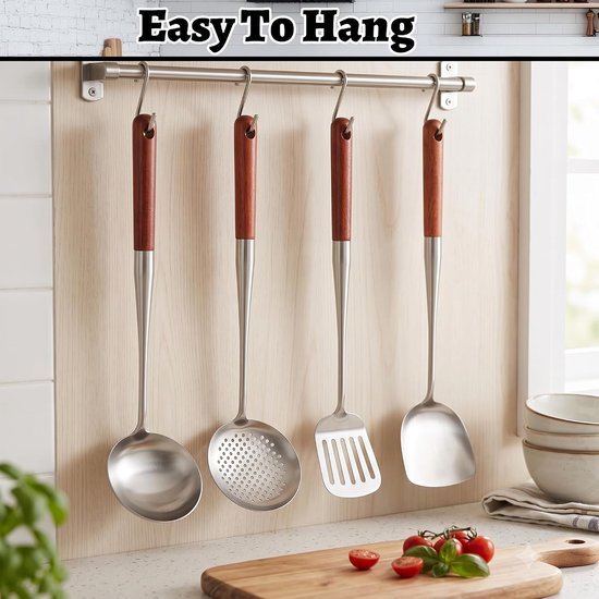 Set van 4 wok-gebruiksvoorwerpen, roestvrij staal, 43 cm lang, hittebestendig houten handvat, wok-spatel, sleufspatel, lepel, keukenschuimer, vaatwasmachinebestendig, professioneel keukengereedschap — afbeelding 5
