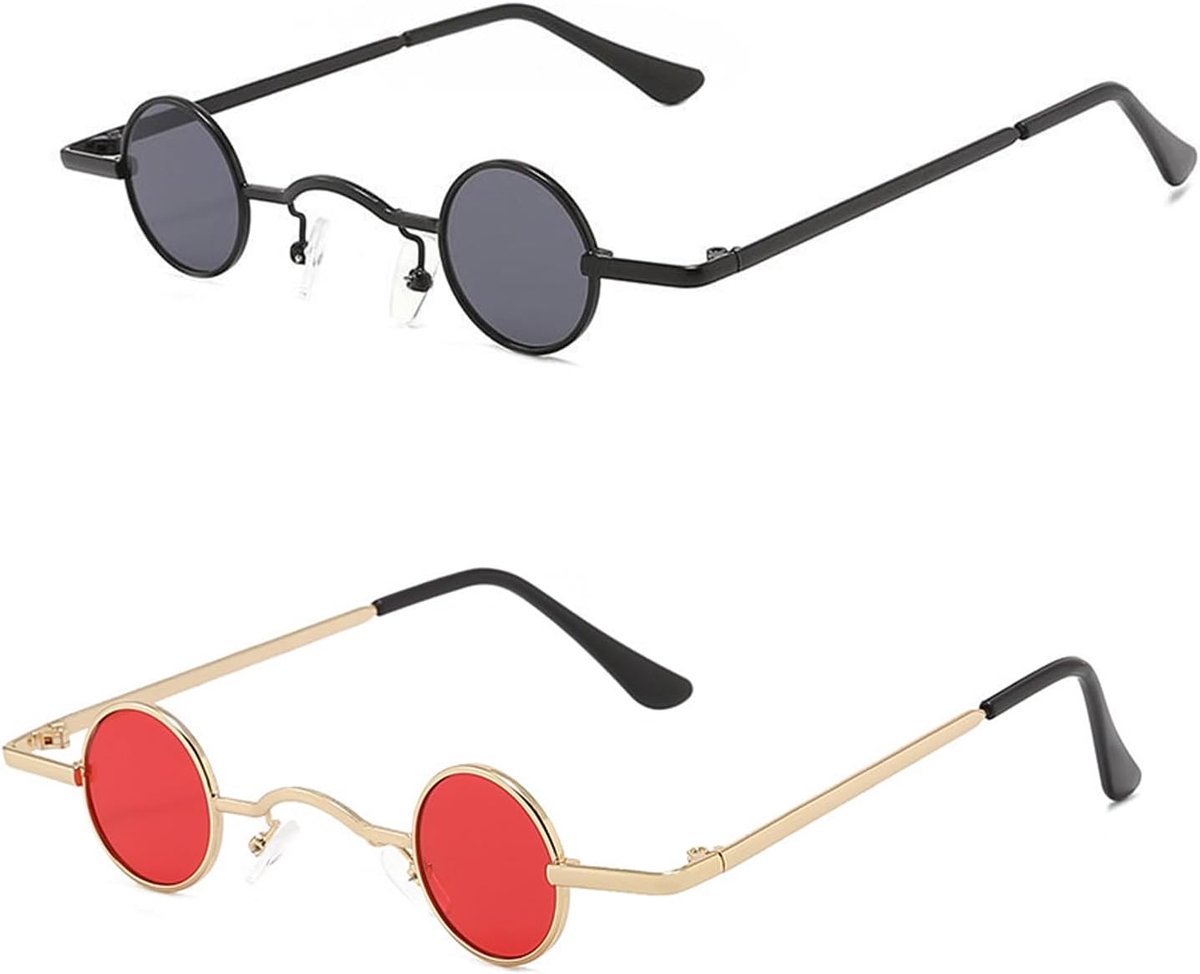 2 Stuks Vintage Zonnebril - Kleine Ronde Heren Stijlvolle Hippie Gepolariseerde Dames Klassieke Steampunk Feestbril Strandbril - Rood, Zwart