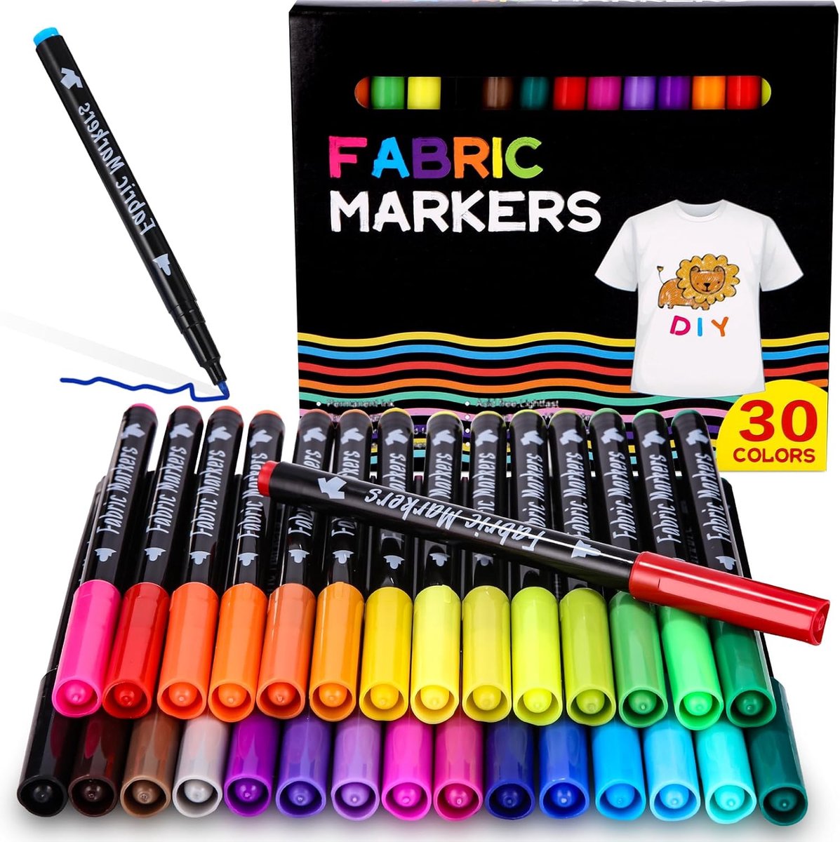 30 Kleuren Textielstiften, Textielmarkeerstiften, Wasmachinebestendige Textielmarker, Permanente Stofverf, Textielmarkers voor T-shirts, Hoeden, CanvasTassen, Doe-Het-Zelf Schilderen Stoffen Pennen