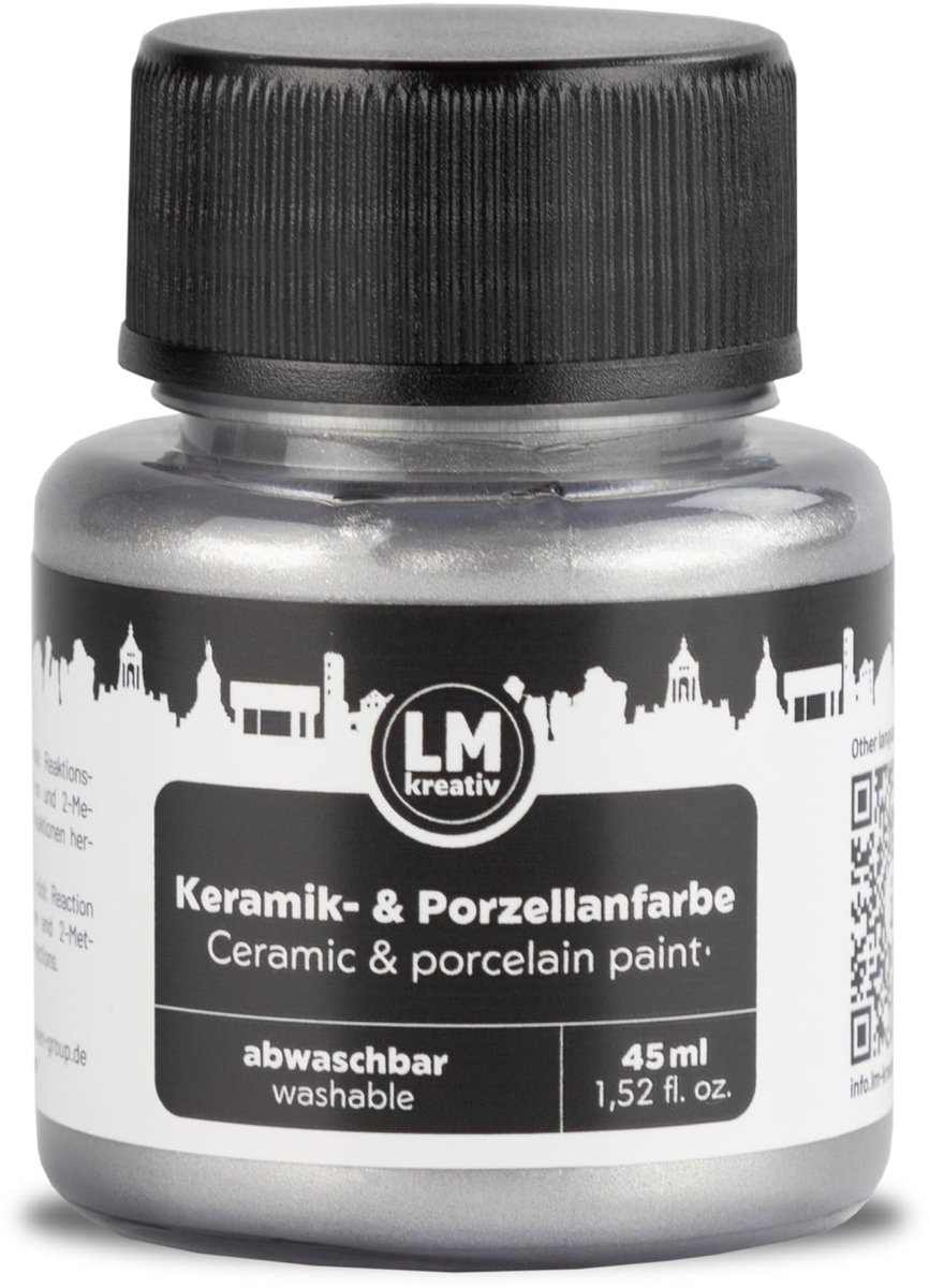 LM-Kreativ Porselein en Glasverf - Dekkende verf - Op Waterbasis - Hittebestendig - Metallic Zilver - 45 ml