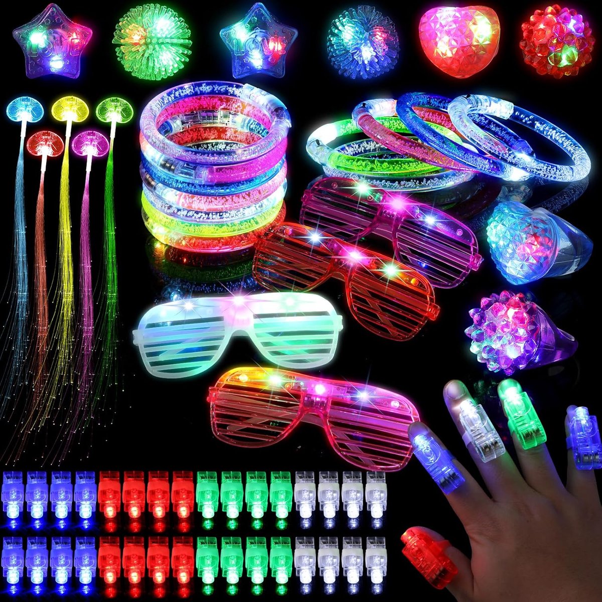 64 STKS LED Light Up Speelgoed Party Pack - Glow in The Dark Party Accessoires Benodigdheden met Vinger Lichten (40), LED Jelly Ringen (8), Knipperende bril (4), Armbanden (8) & Fiber Optic