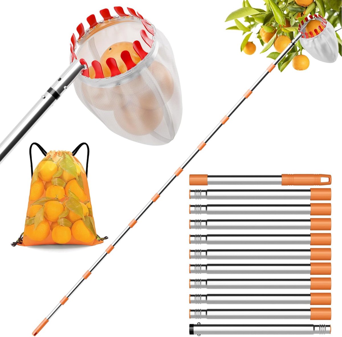 Fruitplukker met telescoopsteel van 4,2 m, appelplukker met katoenen zak, diameter 16 cm, roestvrij staal