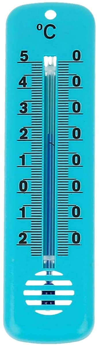 Kamerthermometer, 14 x 3,4 cm, kunststof in blauw, groen, wit met oogje, meetbereik -25 °C tot +50 °C, blauwe meetvloeistof (groen)