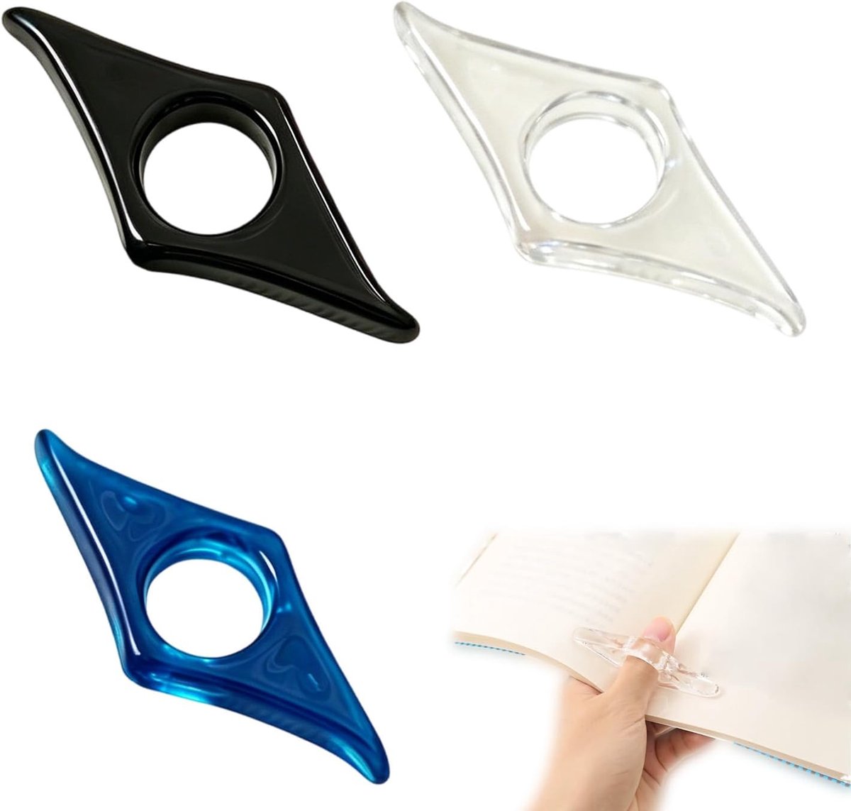Boekpagina-standaard voor met één hand lezen, 3 stuks, vingerhouder van acryl, ergonomische leesaccessoires en originele bladwijzer voor lezers, studenten en geschenken