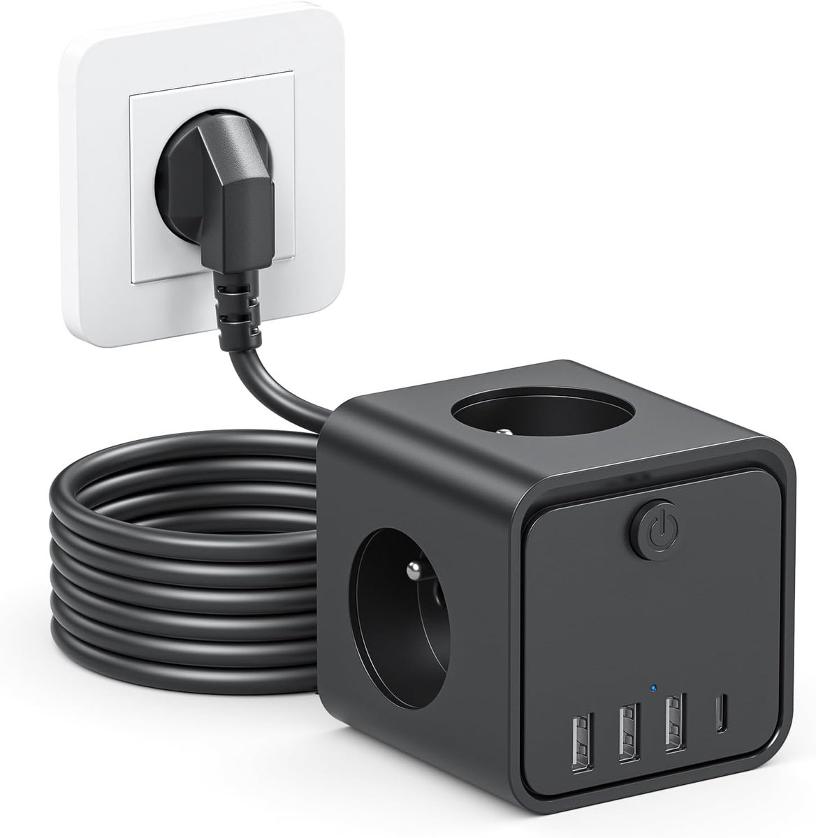 Stekkerdoos met USB, 7-in-1 stekkerdoos met schakelbaar, 3-voudig meervoudig stopcontact met 4 USB, meervoudige stekker met Save Energy-schakelaar, 2 m verlengkabel voor kantoor, thuis