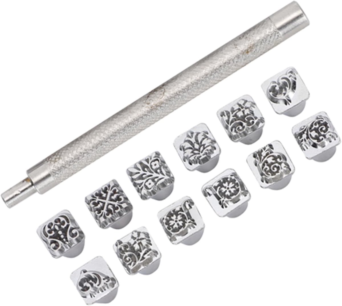 reliëfstempelset, 12 stuks stempelgereedschap, tang-dynastie, bloem, doe-het-zelf plantaardige lederen stamper + 1 stuk handvat metalen bloemenpatroon stempel voor ambachtslieden e