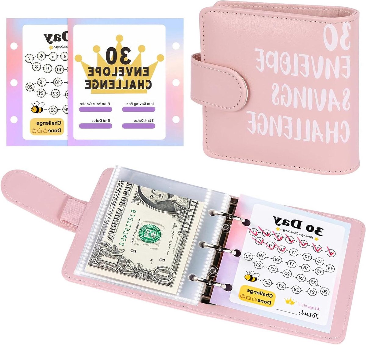 Spaarboekje Budgetplanner - Geld Besparen Map - Kinderen Leren Sparen - 30 Dagen Uitdaging - A8 formaat - Roze
