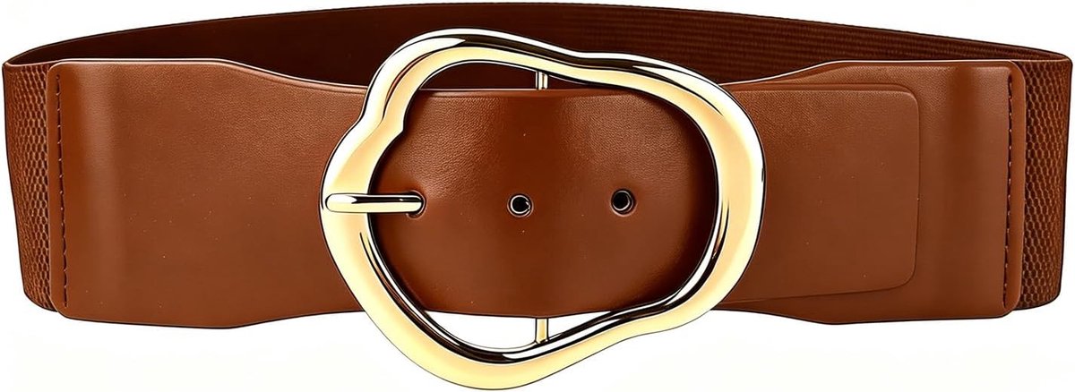 Brede elastische tailleriem voor dames, retro, rekbare riem, leren riem, jurk, heupriem met onregelmatige vorm, metalen gesp voor dagelijks gebruik, feest, bruin