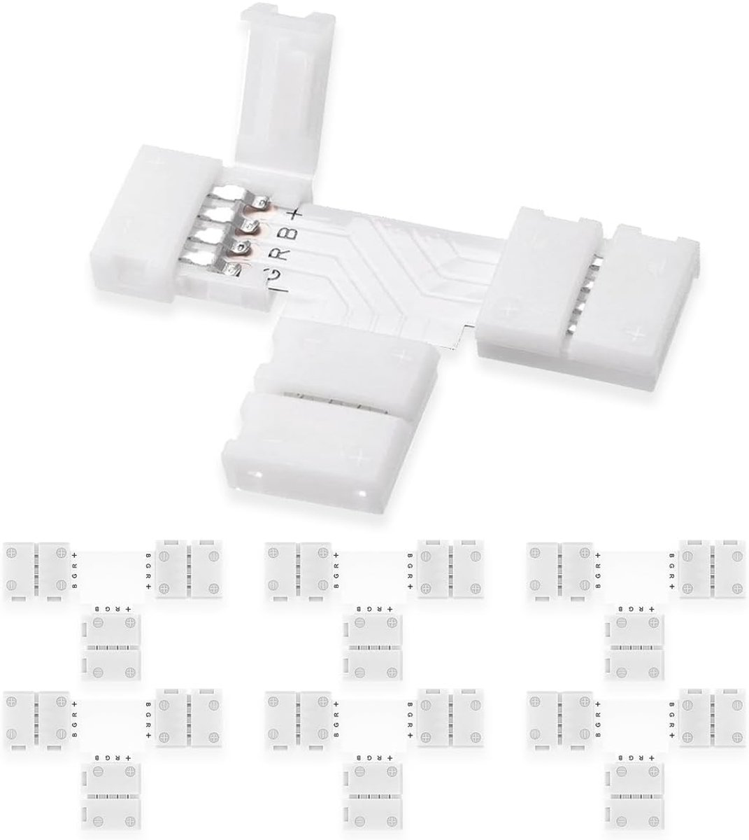 LED Strip Connector, 6 stuks 4 Pin 10mm LED Light Conner Connector, LED Strip Light Connector, 10 mm LED Stripe connector adapter, voor 5050/3528 Multi-color LED Strip zonder solderen, T-vorm