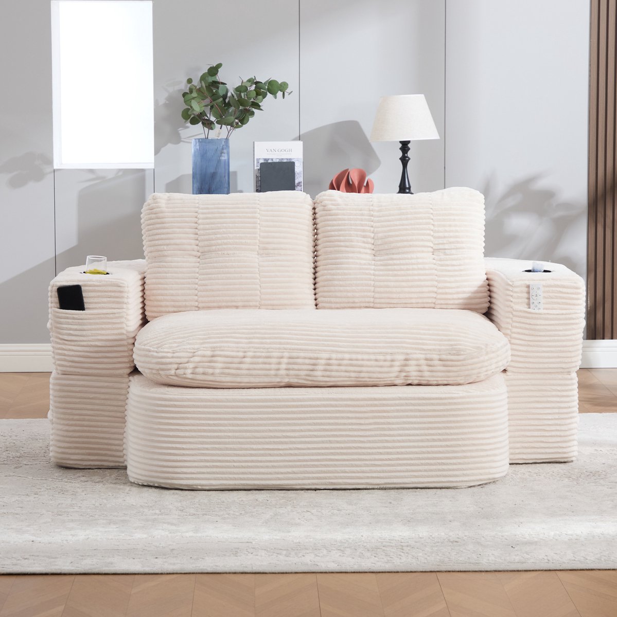 FloraGrace Slaapbank 2-Zits - 2-in-1 Met Liegefunctie, Cupholders, Hoge Rugleuning En Extra Diepe Zitting - Voor Woonkamer En Lounge - Cordstof - Beige