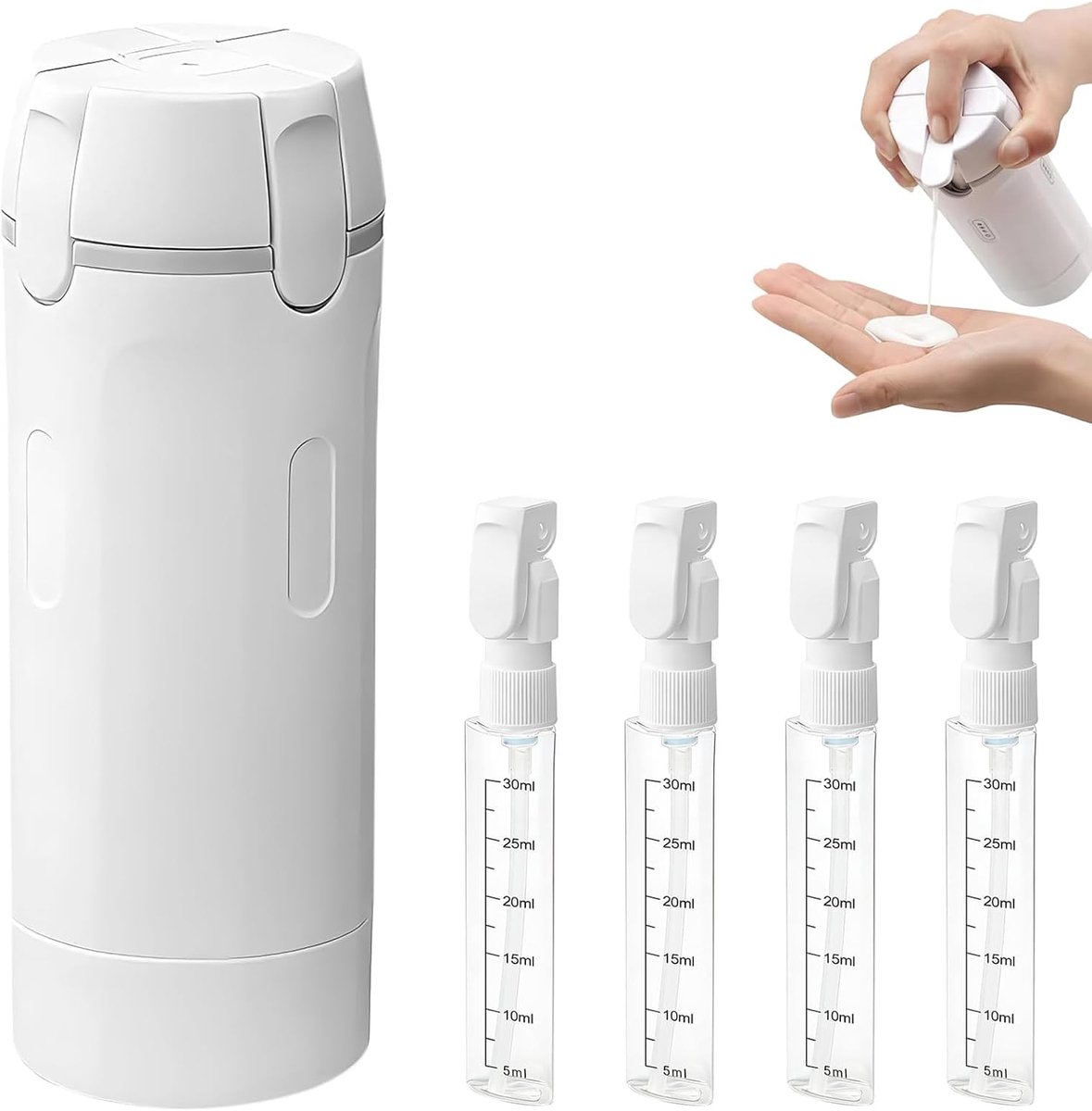 4-in-1 reisdispenser fles, reisflessen om te vullen, 4-in-1 met schaal en etiket voor shampoo, lotion, conditioner, douchegel (wit)