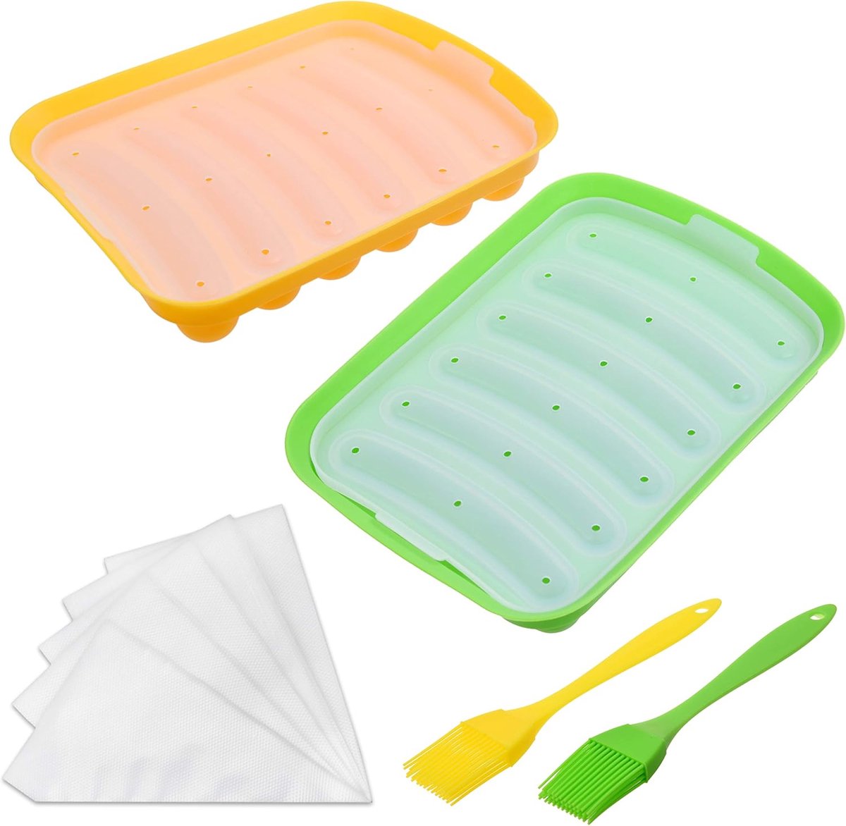 & Kind 2x Siliconen Worstvormpjes - Non-Stick Flexibele Hotdog Maker - 6-Holte Bakken Koken Stoomcontainer - Zelfgemaakte Worstjes - Inclusief 2x Siliconen Miniborstels en 20x Spuitzakjes