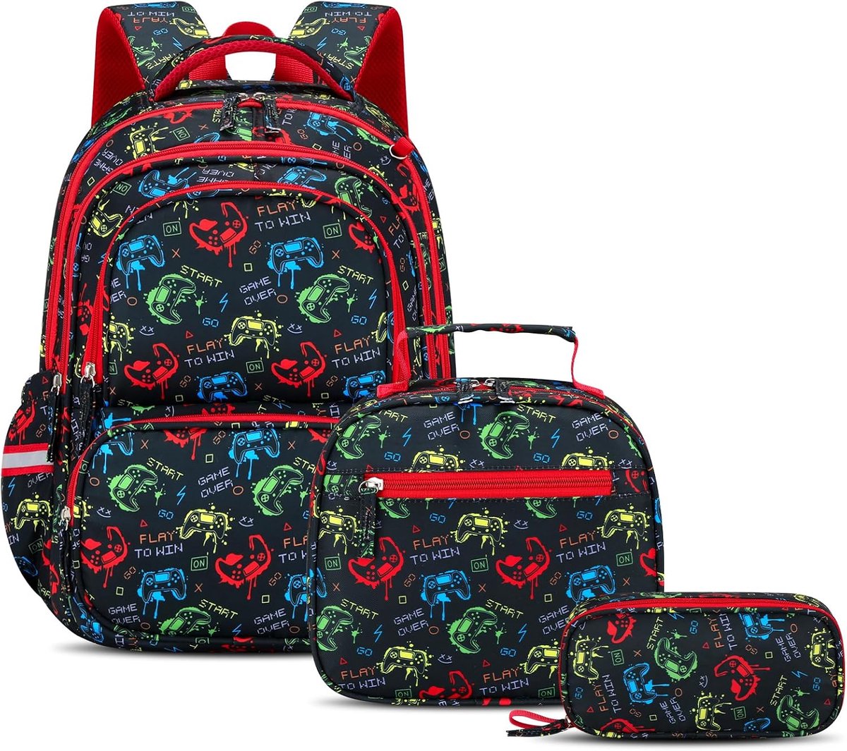 3-delig set schoolrugzak jongens 1e klas met lunchbox en pennenzak, kinderrugzak 25L met reflectoren, schoolrugzak basisschool jongens 6-10 jaar waterdicht met borstband, 28x22x40 cm, Rugzak