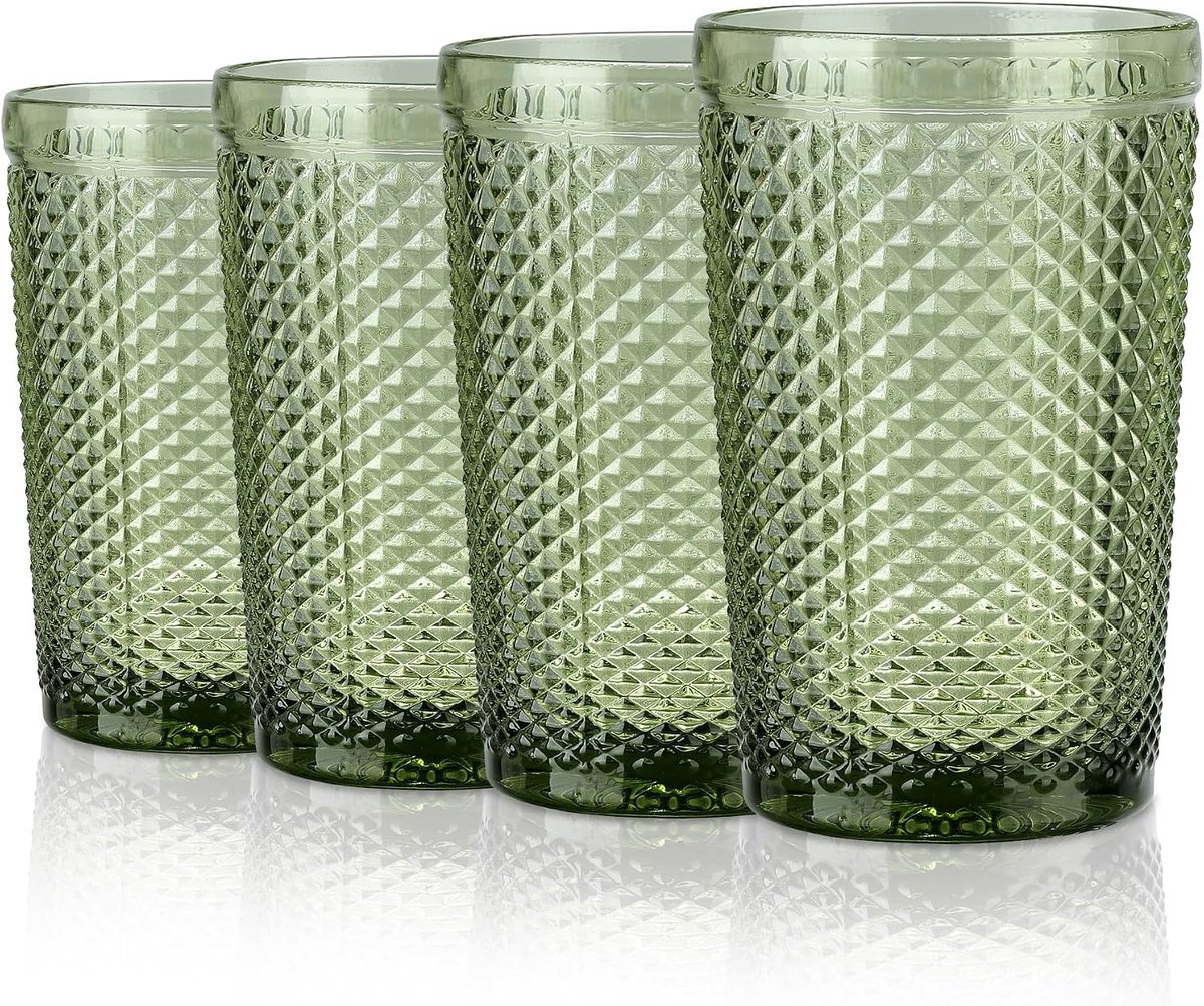 350ml groene drinkglazen set van 4, kleurrijke waterglazen set met reliëf, vintage glazen set voor thuis restaurant bar, vaatwasmachinebestendig