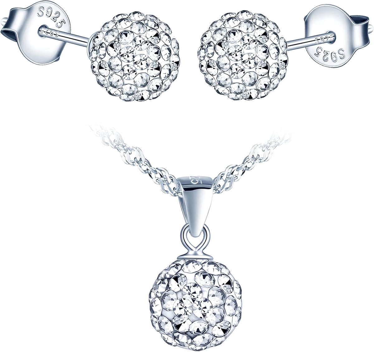 Sieradenset voor dames, Shambala-bol, hanger, oorstekers, halsketting, oorbellen, ketting, sieradenset, 925 sterling zilver, voor meisjes