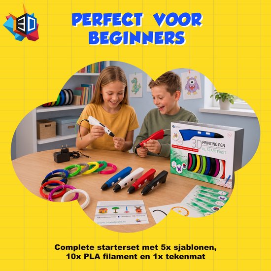 Jongen en meisje maken 3D-kunst met een rode en witte 3D-pen. Op tafel liggen 3D-pennen, filamenten, sjablonen en een starterkit.