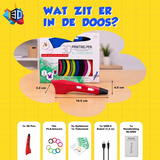 Rode 3D-pen met doos en toebehoren, inclusief 10x PLA-kleuren, 5x sjablonen, tekenset, 1x USB-C kabel en handleiding.