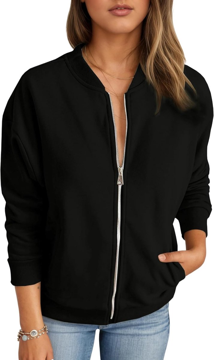 Sweatshirt met rits voor dames, casual sweatjack, overgangsjas, lente, herfst, blouson jas met college-kraag, outwear, effen bomberjack