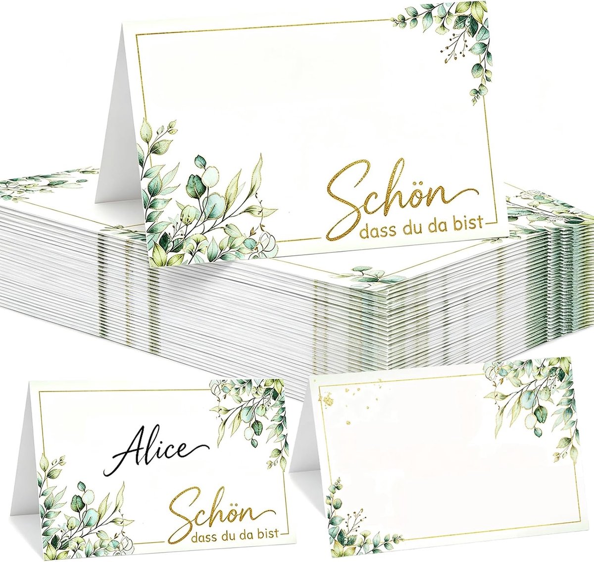 50 stuks tafelkaarten bruiloft, plaatskaarten Schön dass du da bist, tafelkaarten verjaardag, naambordjes bruiloft, tafeldecoratie, tafelkaartjes met elegant design voor bruiloft, verjaardag, doop