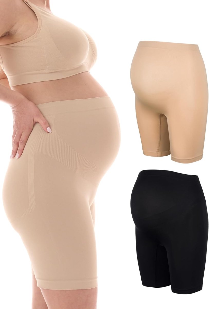 Zwangerschapsslip - Buik Slips - Zwangerschapsslip met lange pijpen - Naadloos-Ondersteunend - Zwangerschapsonderbroek - Beige-Zwart - Set van 1 & 2-5500