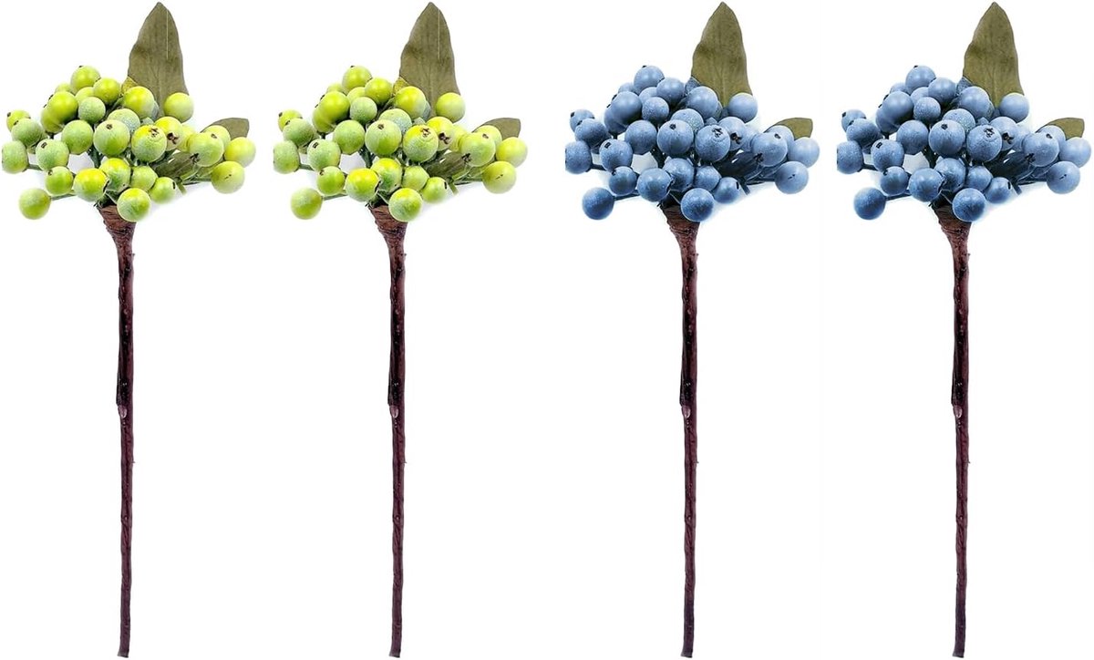 4 stuks kunstmatige bosbessenstengels, realistische nep-bosbessen, plectrums, levensechte bessentwijgen voor bloemstukken, bruiloft, huisdecoratie, ambachten centerpieces (blauw+groen)