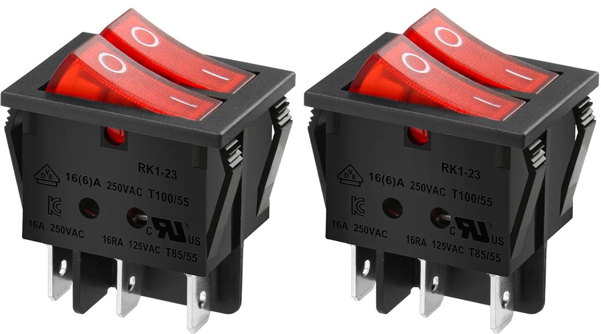 Schakelaar SPST AAN-UIT-6 Klemmen Rood Licht 16 A 250 VAC 2-Pack