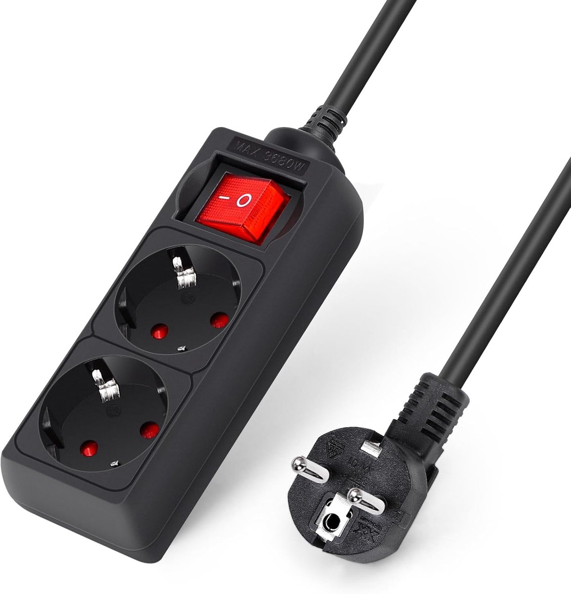 2-Voudig stekkerdoos met schakelaar stekkerdoos met contactbescherming, 1.5 m kabel, zwart(2-Voudig, 1.5 m)