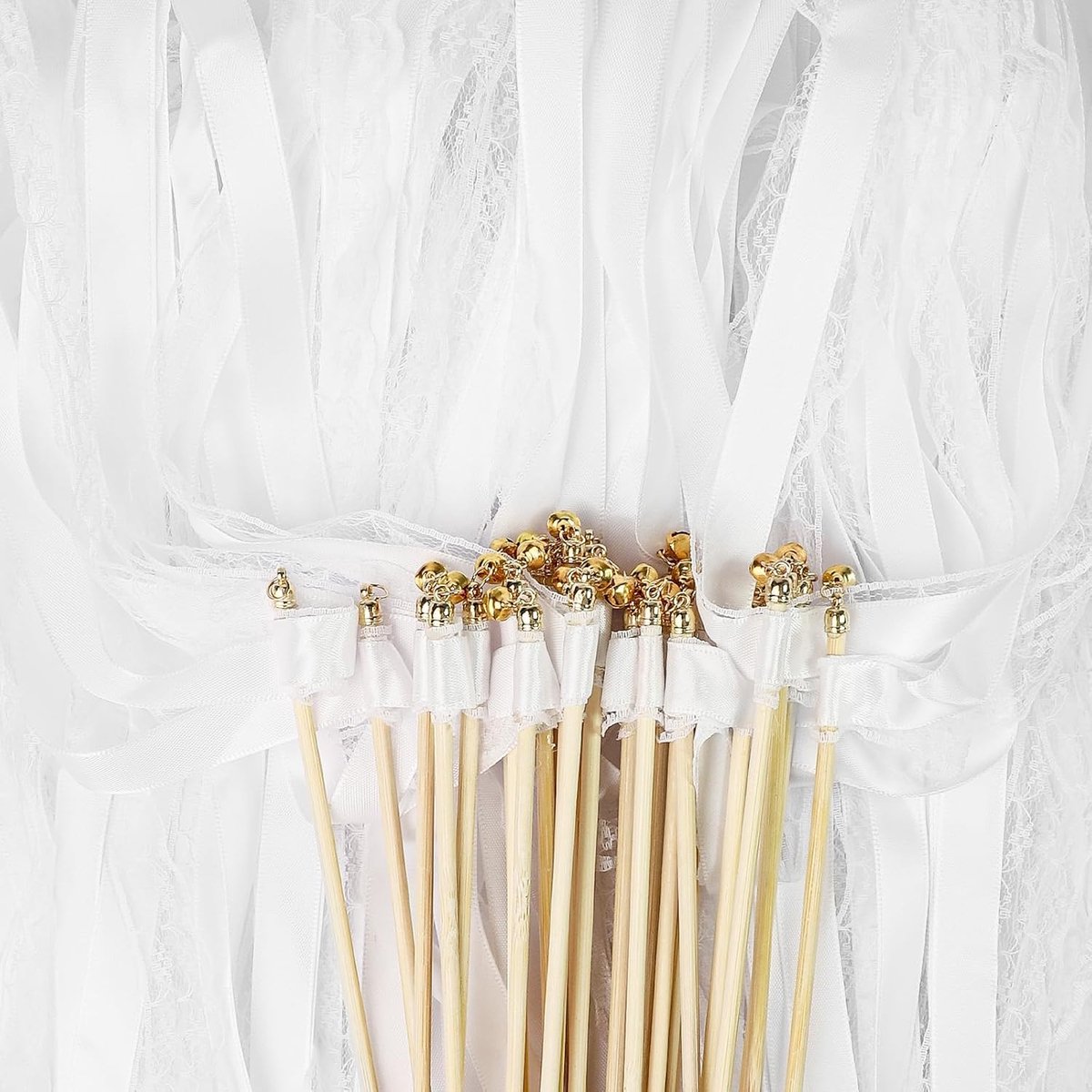 30 stuks witte bruiloftswandjes met bel, bruiloftsstokken, zijden
