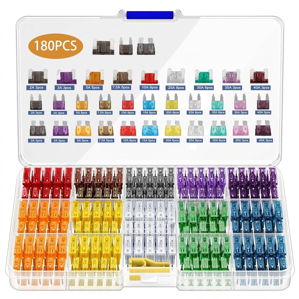 180 stuks autozekeringen set (2A 3A 5A 7,5A 10A 15A 20A 25A 30A 35A