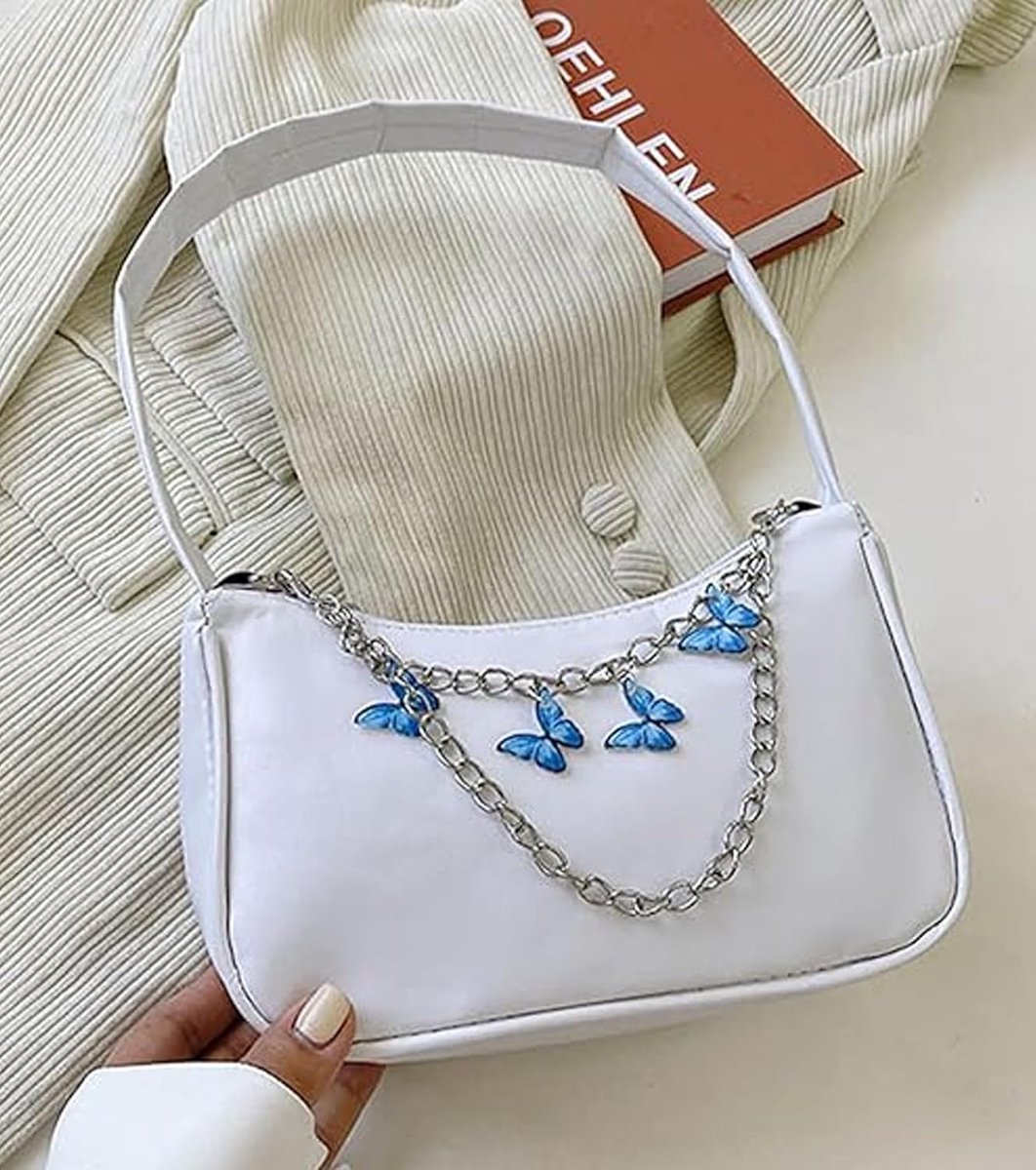 Coole tas voor tienermeisjes – Modieuze & betaalbare schoudertas met vlinderketting van kunstleer – Voor meisjes 10, 11 en 12 jaar, wit, 22 cm x 14 cm x 8 cm