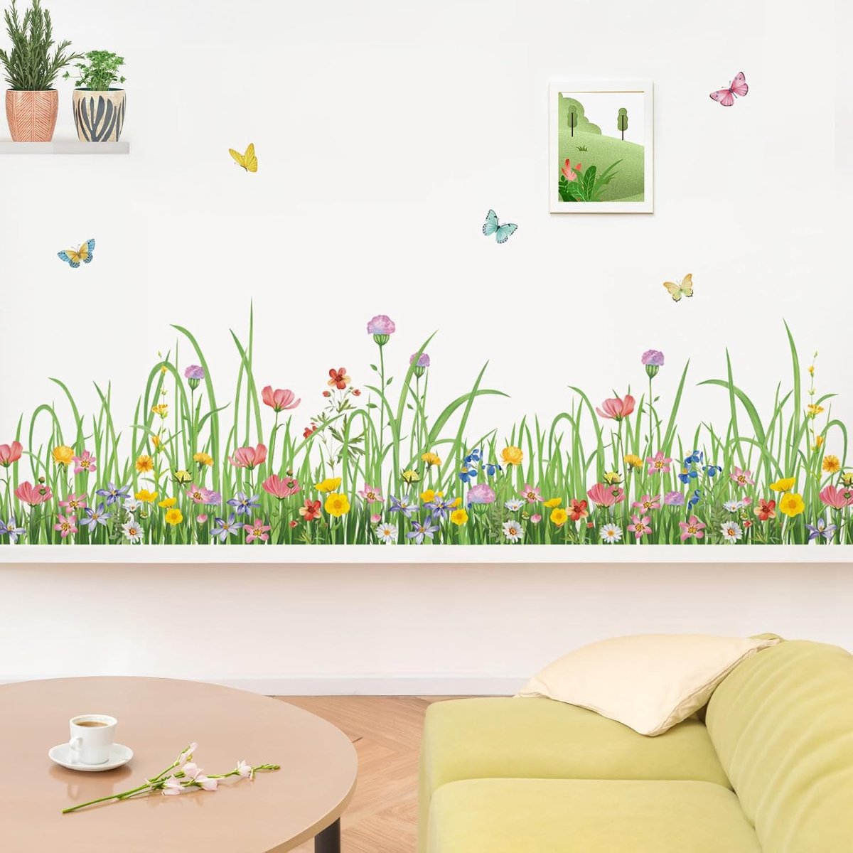wondever Groen gras bloemen muur hoekstickers wilde bloemen vlinders