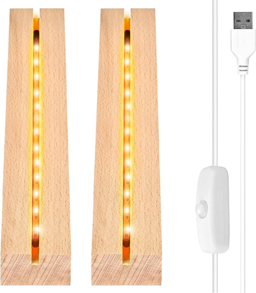 2 stuks led-sokkel hout, display basis, lichtvoet USB, lampvoet, rechthoekige verlichte houten sokkel voor acrylplaat, kristalglasplaat (24 cm lang, warmwit)