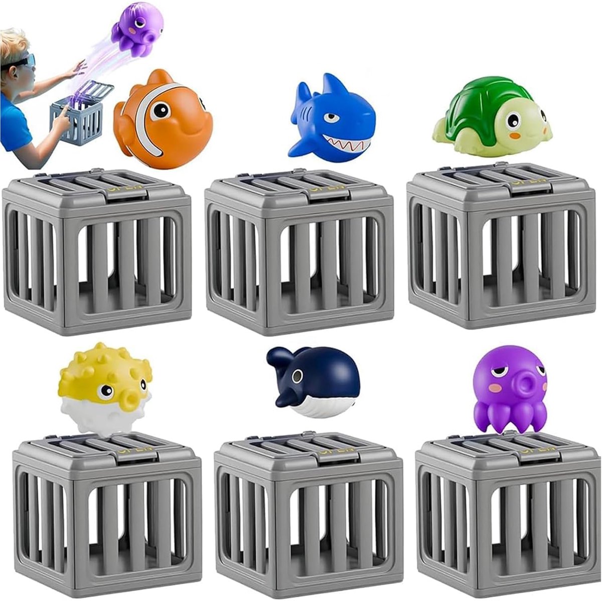 6-pack zwembad duikspeelgoed, onderwater duik reddingsspeelgoed met doos, waterspeelgoed voor kinderen met oceaan dieren & duikkooien drijvende sinkies, strand water schatkist feestcadeau