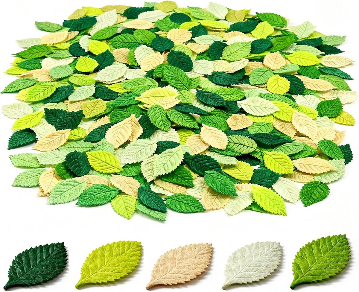 200 stuks kunstbladeren, 5 groene tinten voor natuurlijke decoratie, stoffen bladeren voor jungle, safariparty, doe-het-zelf knutselen, tafeldecoratie, realistische textuur, gemengde kleuren