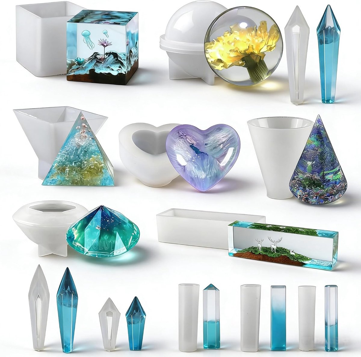 13 stuks epoxyhars vormen, sferisch, kubus, piramide, kristal resin siliconenvorm, siliconen gietvorm voor hars, DIY harsvormen