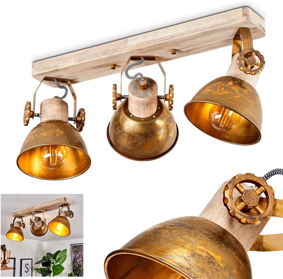 Plafondlamp Orny, 3-lichts plafondspot van hout en metaal in bronskleur, industriële/vintage look kamerlamp, 3 x E27, de lampkoppen zijn verstelbaar,zonder gloeilampen