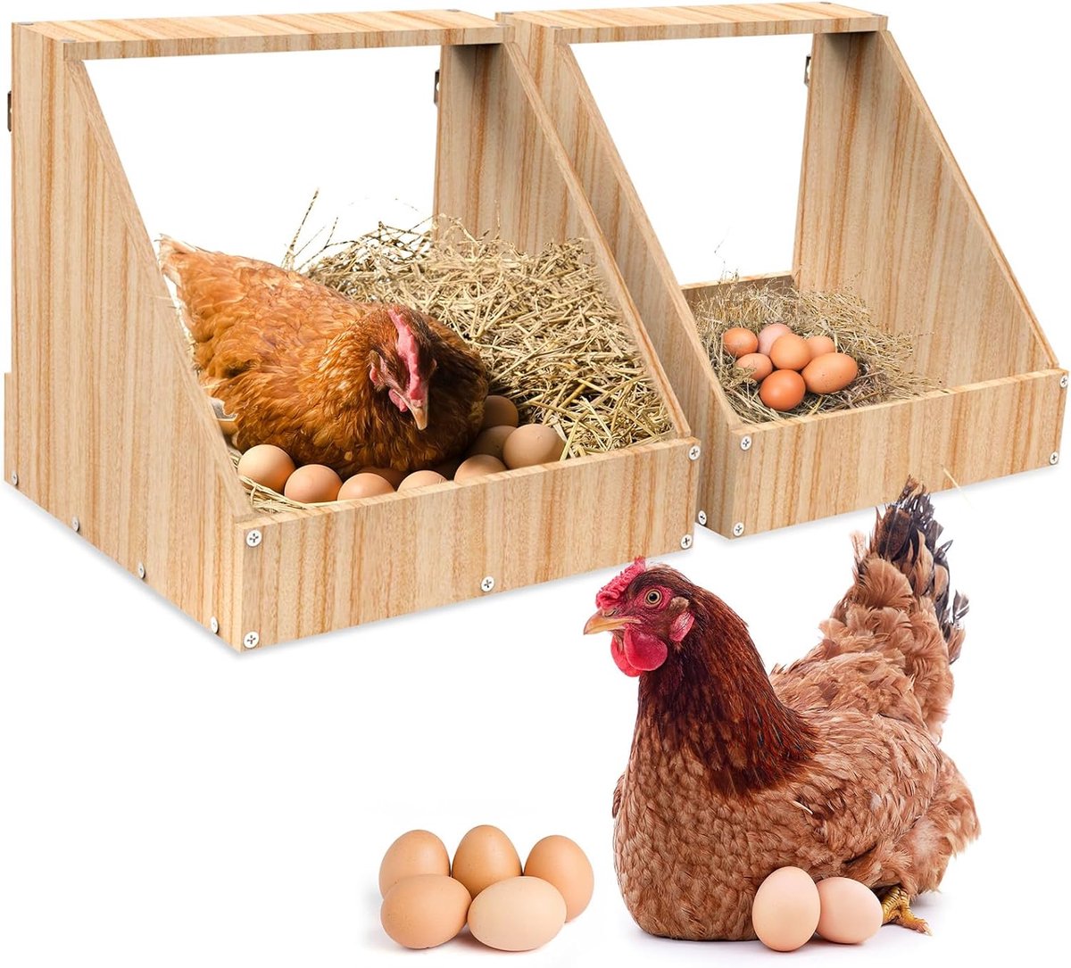 Kippenlegnest van Hout, legnest voor kippen van natuurlijk hout met waterdichte verf, eenvoudige reiniging, set van 2 kippenhokken accessoires, 35x35 x34cm