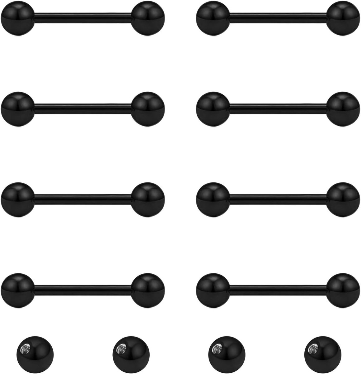 8 stuks tongtepelstangen en 4 stuks vervangende ballen 14G roestvrij staal metalen rechte barbell piercing sieraden zilver zwart 8/10/12/14/16/18/20mm
