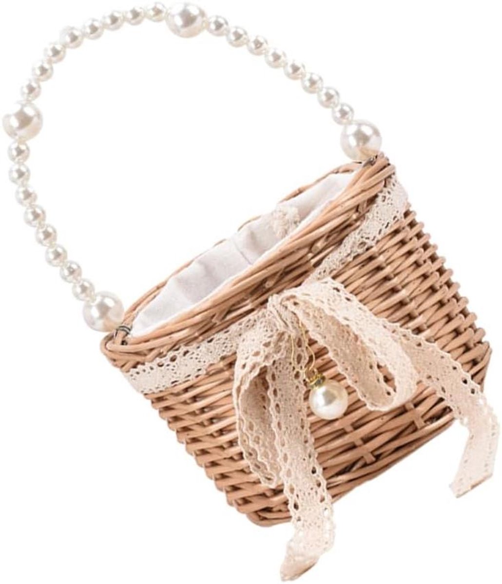 Rieten Handtas - Strandtas Bucket - Dagelijks Gebruik - Pareldecoratie - 16 x 11 cm - Niet gespecificeerd