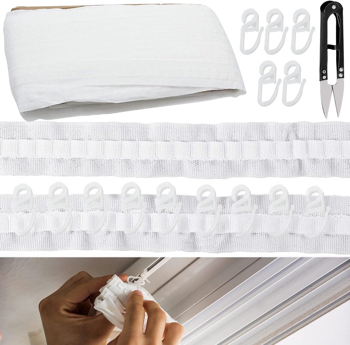 SnelShoppen - Gordijnband met Rimpelband, 30m x 2.5cm, 60 Gordijnhaken, Polyester, Wit, Perfect voor Thuisdecoratie