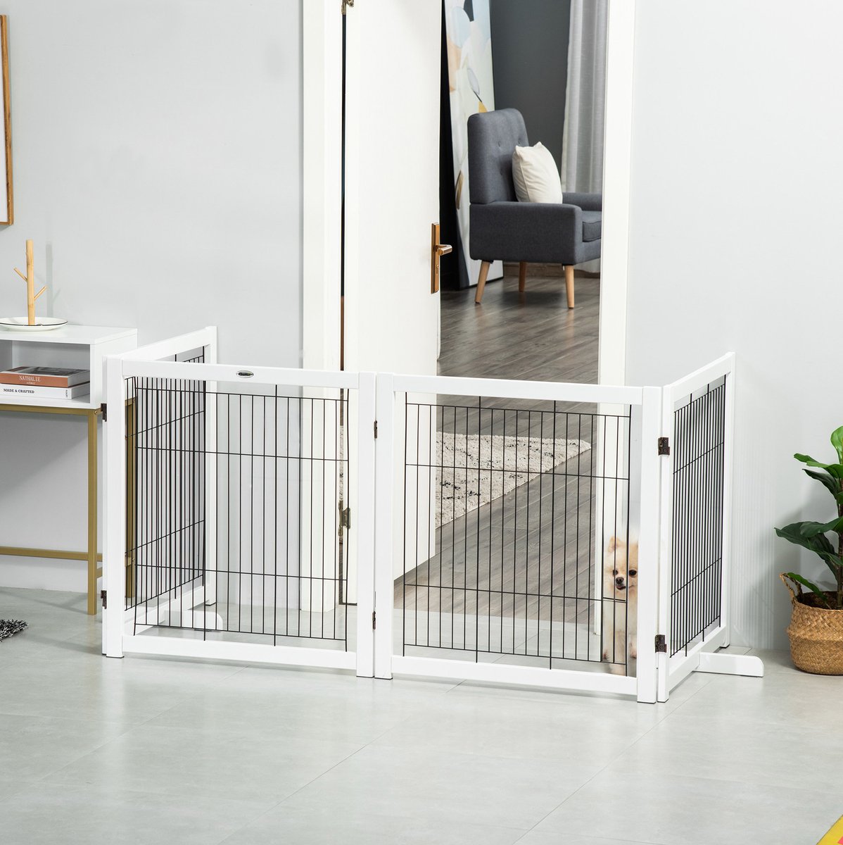 REDOM - Hondenhek - 4 panelen opvouwbaar - dubbele scharnieren - stalen gaas - voor deur, gang en trap - hout en metaal - wit - 305 x 35,5 x 82 cm