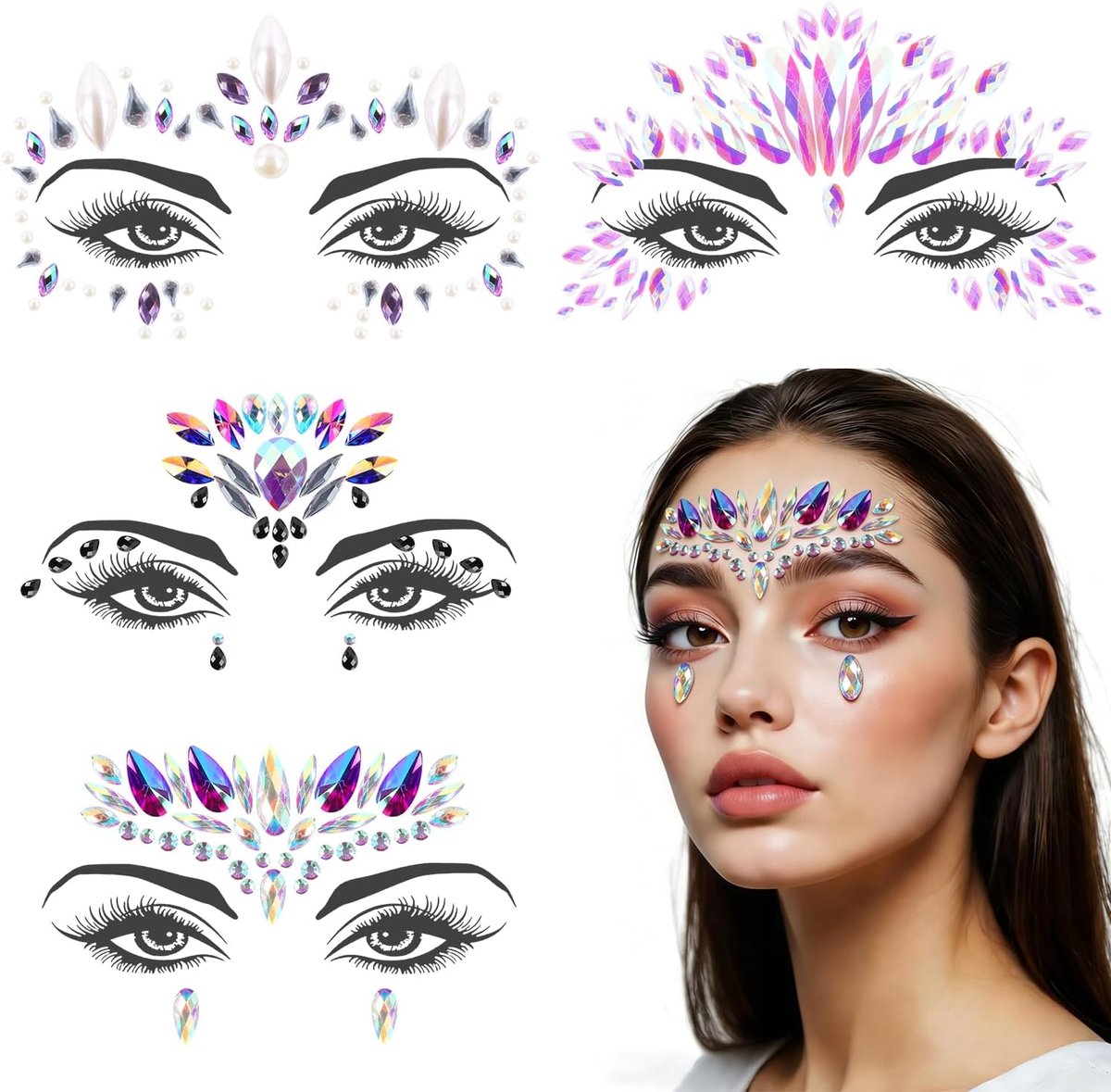 gezicht festival edelstenen strasssteentjes sierstenen zelfklevende glitter gezichtssticker voor feest carnaval Halloween (kleur: paars)