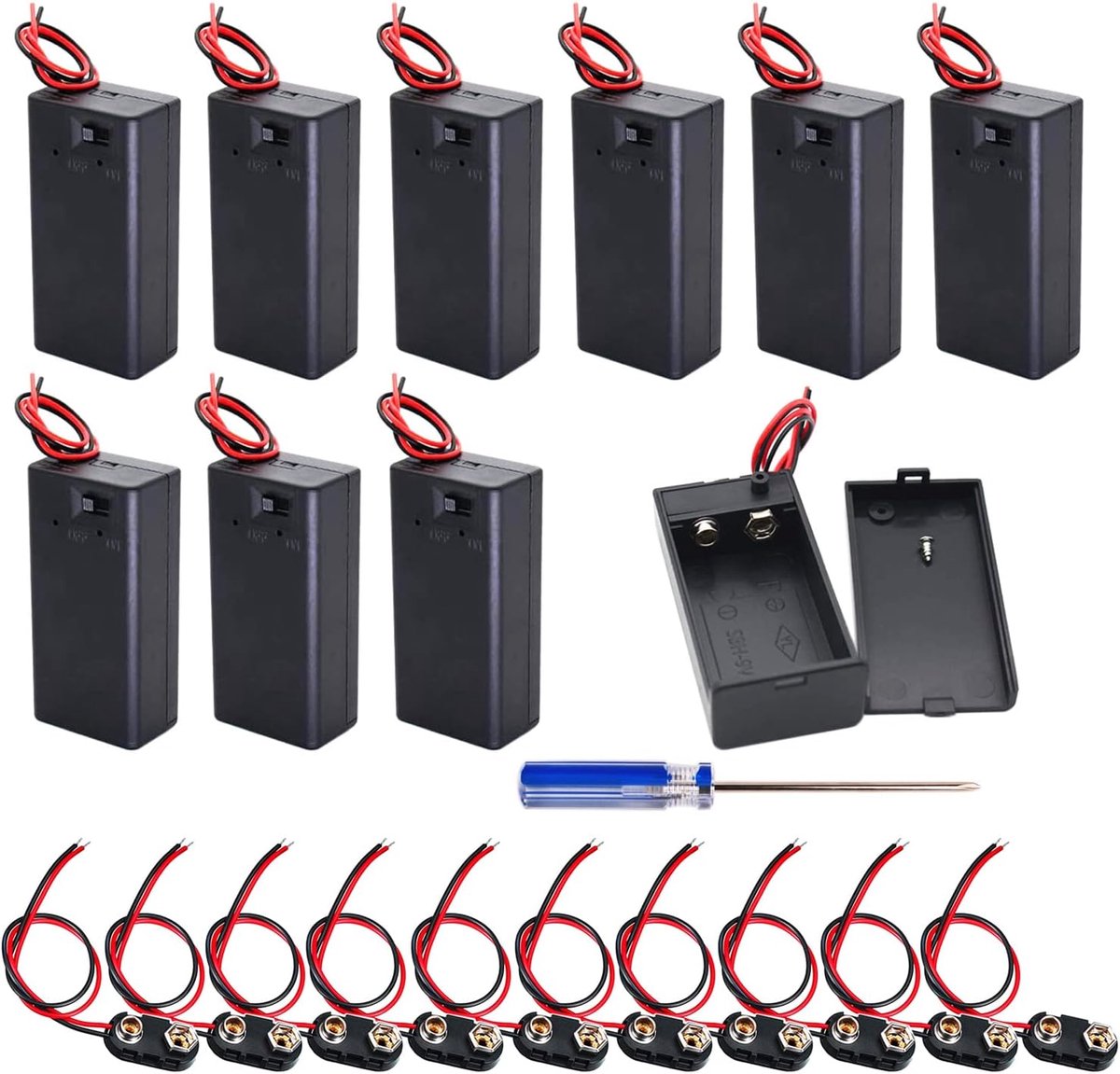 10 stuks 9 V opbergdoos batterijdoos aan/uit schakelaar met dop, 10 stuks 9 V accuconnector kabel batterijhouder clip clip op kabelconnector lead, I type