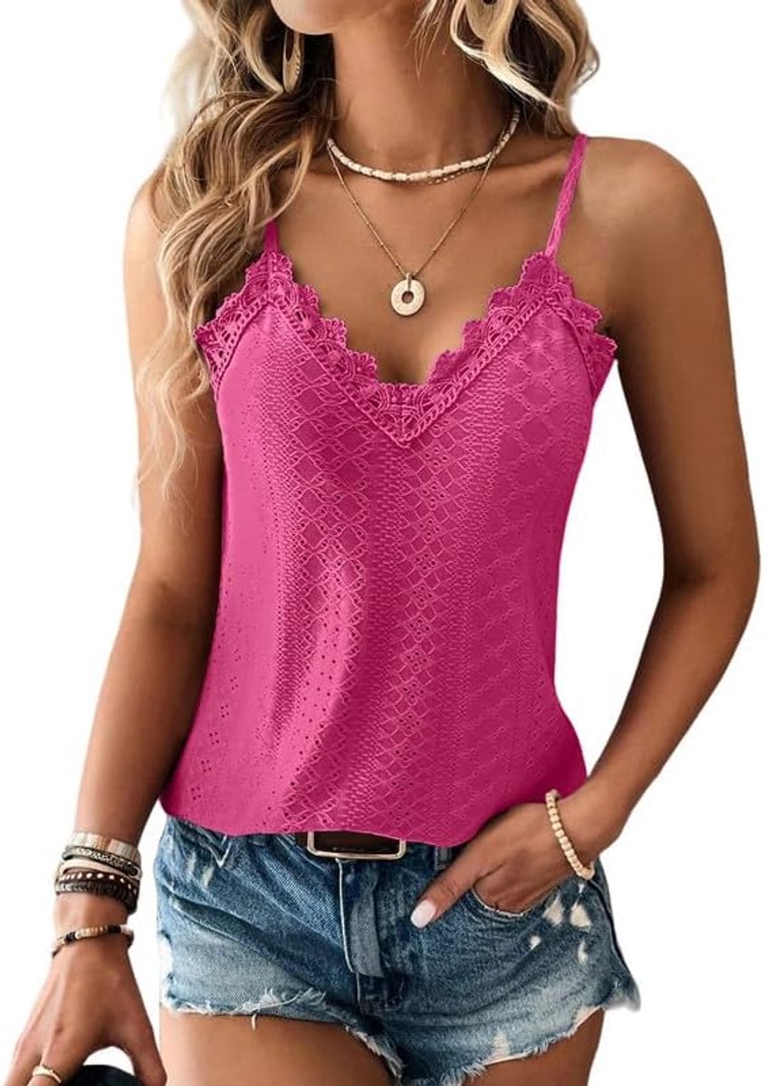 Vest Tops Dames Kanten Rand V-hals Dames Zomertops Tanktops Mouwloze Spaghettibandjes Cami Top Eyelet Borduursel Camisole Losvallende Blouse Shirt