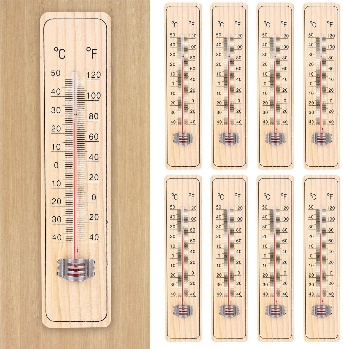 Kamerthermometer, analoog, houten binnenthermometer, weerbestendig, tuinthermometer, kan temperatuur in °C en °F weergeven, houten thermometer voor binnen en buiten (-40 tot +50 °C)