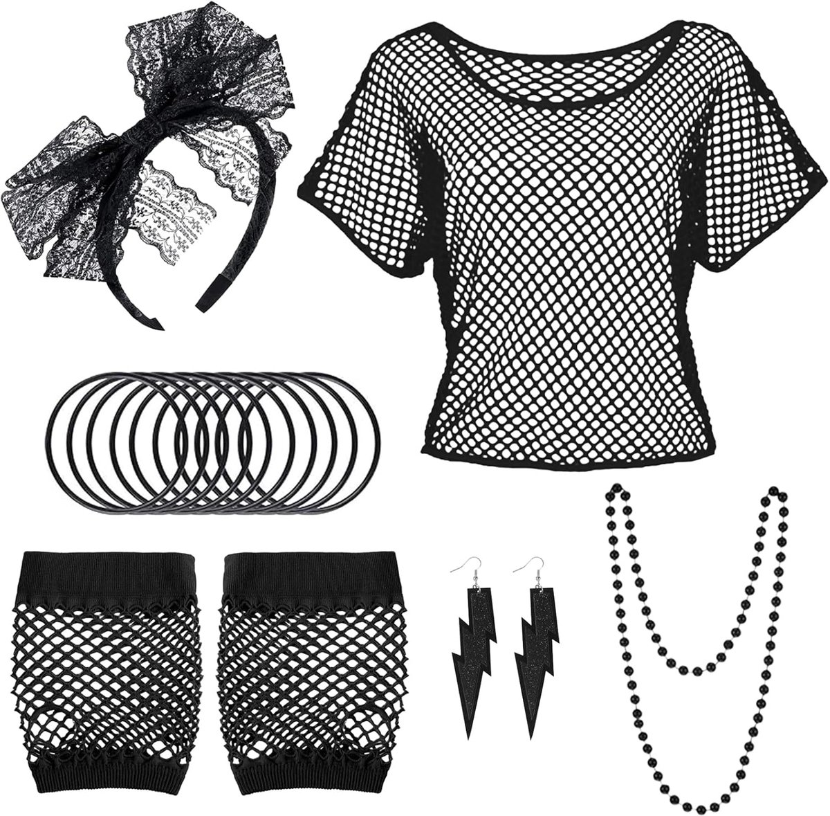 Jaren 80-kostuumaccessoires, feestkostuum, accessoireset, oorbellen, armband, halsketting, retro netshirt, handschoenen voor carnaval, cosplay (zwart)