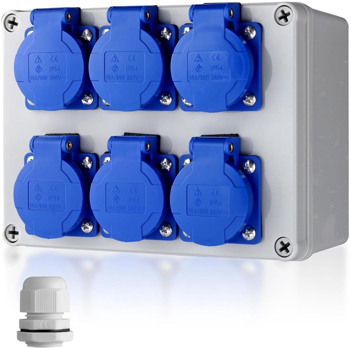 Bouwstroomverdeler, wandverdeler, 6 x 230 V, Schuko-stopcontact, 16 A, stroomverdeler IP66/IP54 waterdicht, kleine stroomverdeler voor binnen en buiten, werkplaatsen, fabrieken, feesttenten